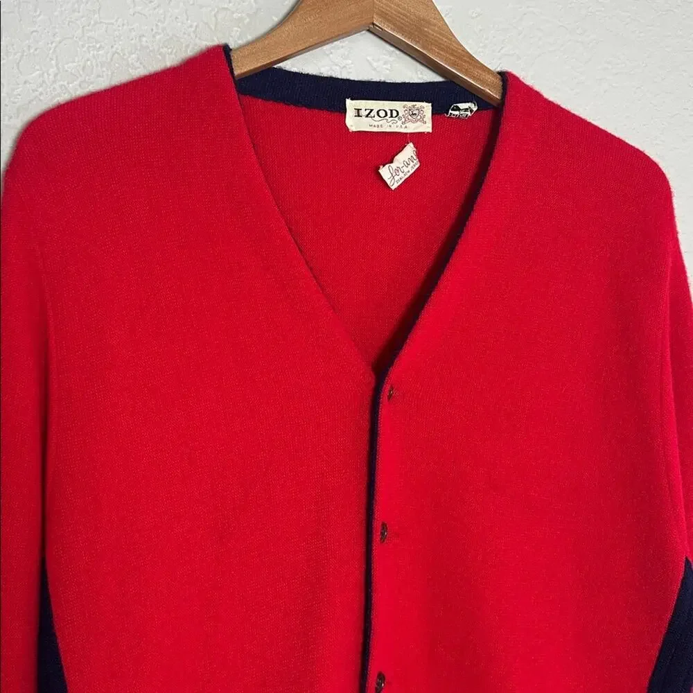 Vintage IZOD Men's Red Cardigan Sweater V Neck Preppy Old Money Country Club